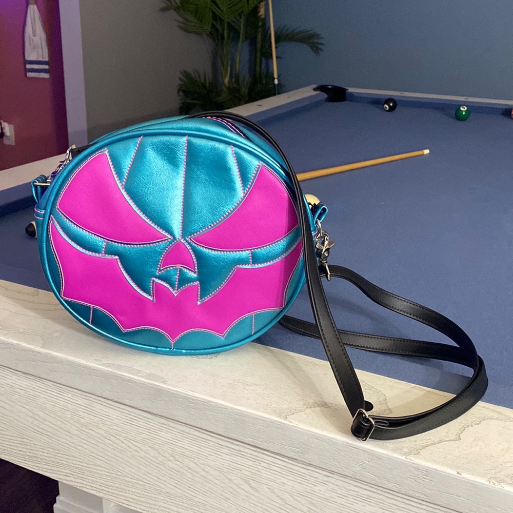 Love Pain and Stitches Metallic Blue and Pink Batmouth Crossbody NWOT